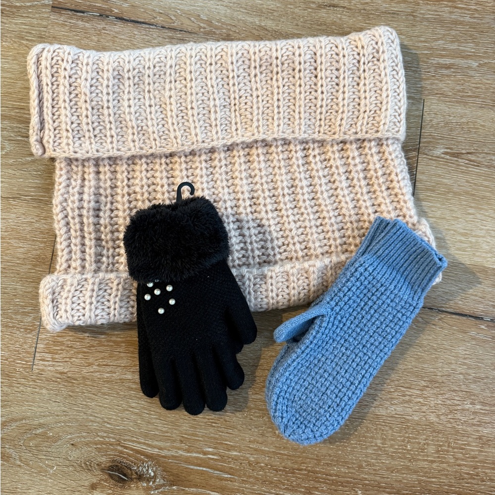 New Black Thick Gloves with Pearls, Neck Warmer Snoot and Mittens Lot